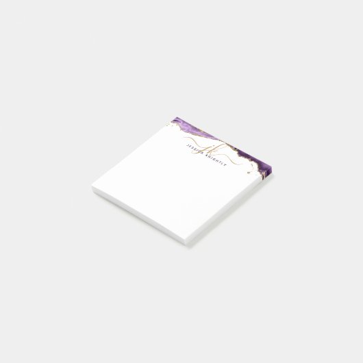 Paars-Agate Geode Gold Glitter-script monogram Post-it® Notes (Schuin)