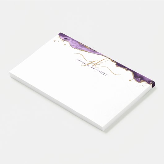 Paars-Agate Geode Gold Glitter-script monogram Post-it® Notes (Schuin)