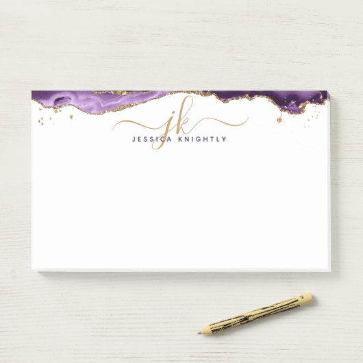Paars-Agate Geode Gold Glitter-script monogram Post-it® Notes (Op bureau)