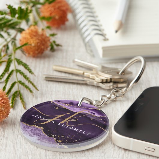 Paars-Agate Geode Gold Glitter-script monogram Sleutelhanger (Voorkant Rechts)