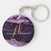 Paars-Agate Geode Gold Glitter-script monogram Sleutelhanger (Achterkant)