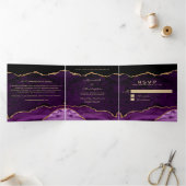 Paars Agate Gold Glitter Photo Wedding Square Drieluik Uitnodiging (Binnen)