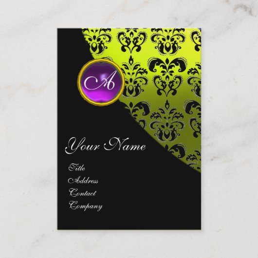 PAARS AMETHYST-DAMASKMONOGRAM, geel Visitekaartje (Voorkant)