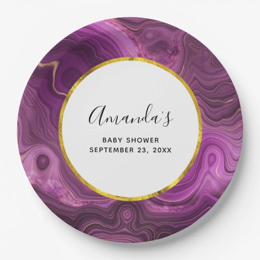 Paars Amethyst- en Gold Abstract Agate-Baby shower Papieren Bordje (Voorkant)