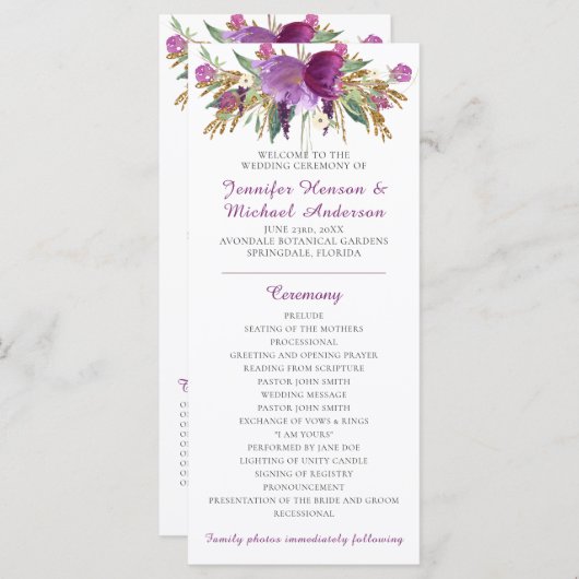 Paars Amethyst Gouden Glitter Huwelijksprogramma Programmakaart (Voorkant / Achterkant)