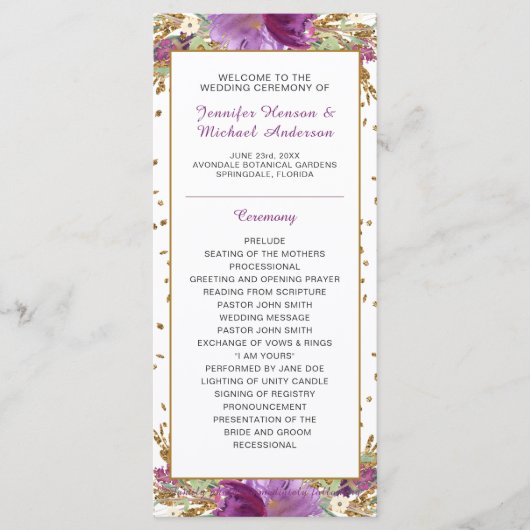 Paars Amethyst Gouden Glitter Lijst Bruiloftsprogr Programmakaart (Voorkant)