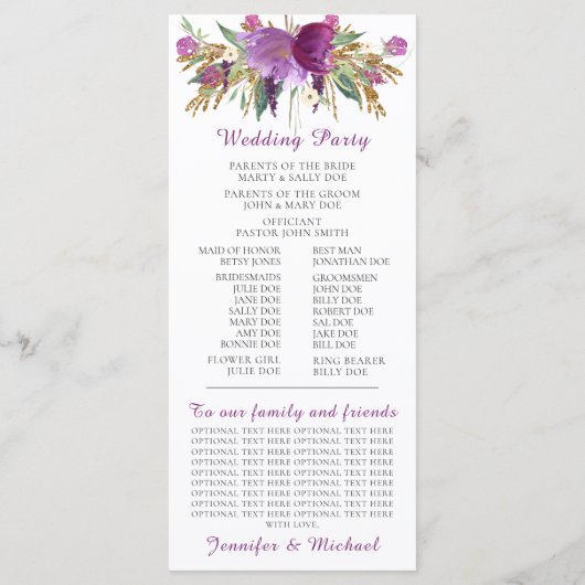 Paars Amethyst Gouden Glitter Trouwprogramma Programmakaart (Achterkant)