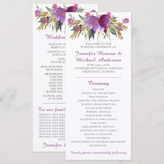 Paars Amethyst Gouden Glitter Trouwprogramma Programmakaart (Voorkant / Achterkant)