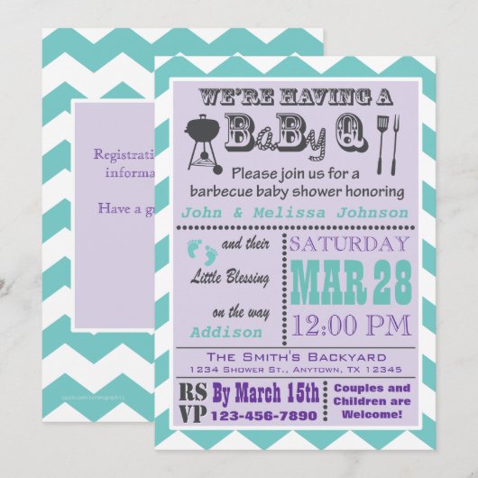 Paars & Aqua Barbecue BaByQ Baby shower nodigt 2 Kaart (Voorkant / Achterkant)