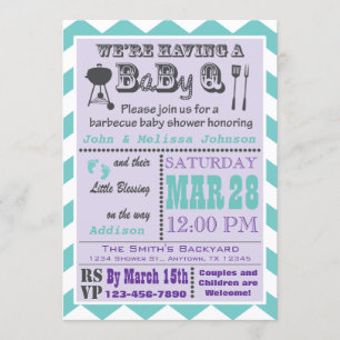 Paars & Aqua Barbecue BaByQ Baby shower nodigt 2 Kaart