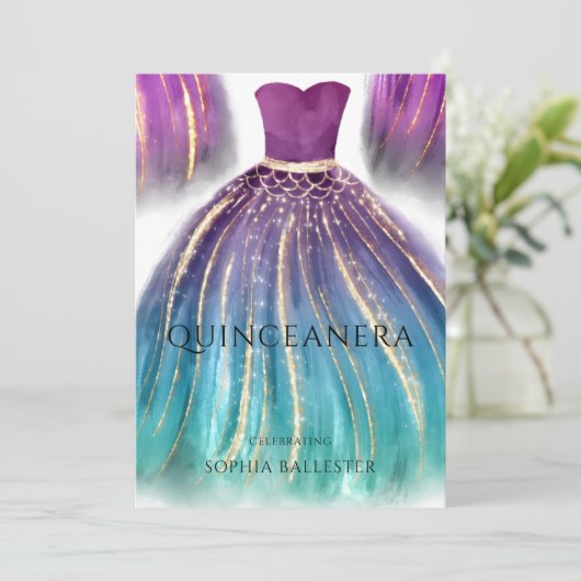 Paars Aqua Blauwgroen Ombre Mermaid Dress Quincean Kaart (Staand voorkant)