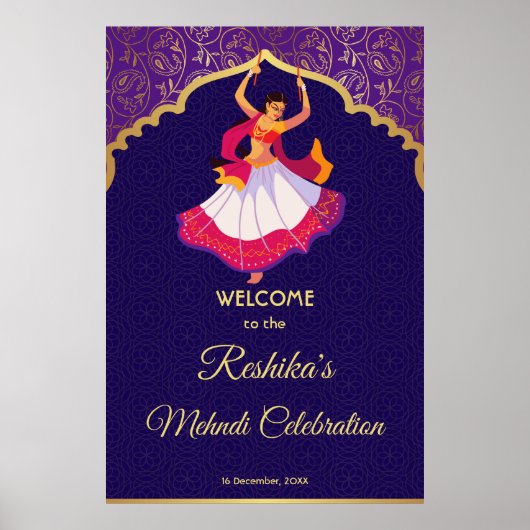 Paars-Aziatische Arabische gouden grens Mehndi Poster (Voorkant)