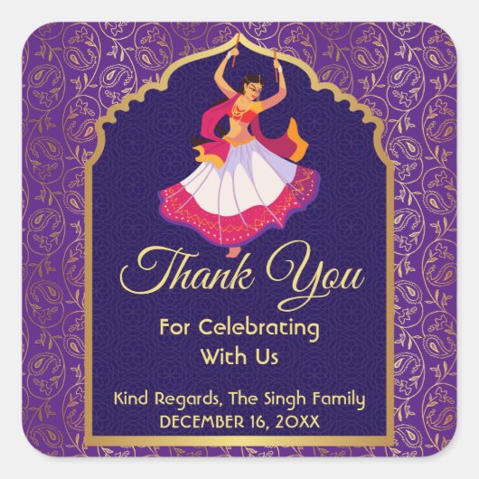 Paars-Aziatische Arabische gouden grens Mehndi Vierkante Sticker (Voorkant)