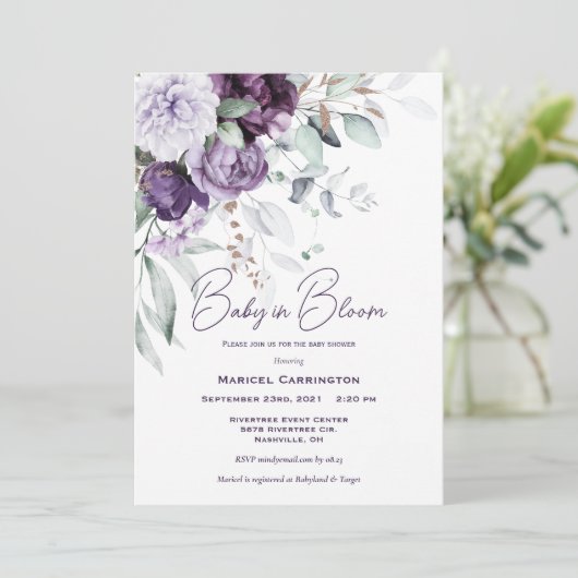 Paars Baby in Bloom Waterverf Moderne Baby Shower Kaart (Staand voorkant)