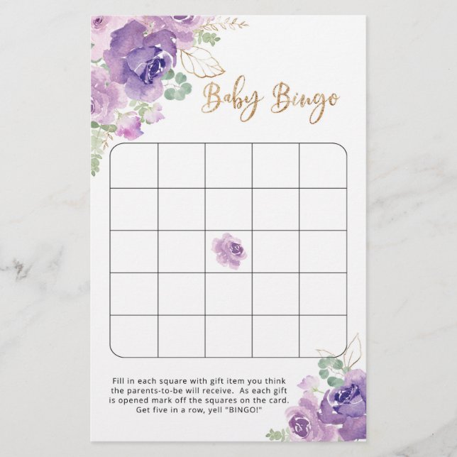 Paars baby shower bingo (Voorkant)