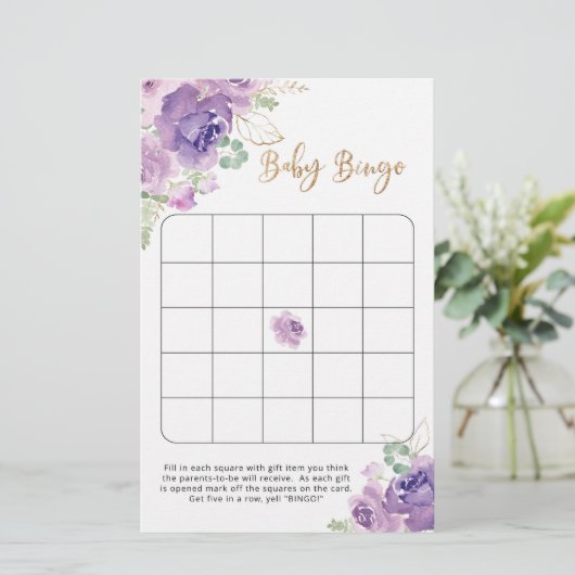 Paars baby shower bingo (Staand voorkant)