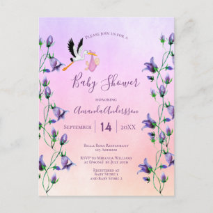 Paars baby shower met  bloem briefkaart