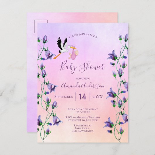 Paars baby shower met  bloem briefkaart (Voorkant / Achterkant)