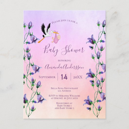 Paars baby shower met  bloem briefkaart (Voorkant)