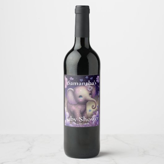 Paars Baby shower met zoete olifant Wijnlabel Wijn Etiket (Voorkant)