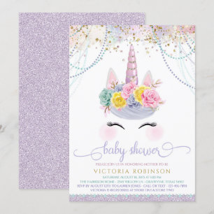 Paars Baby shower Unicorn Girl Kaart