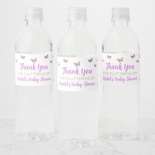 Paars Baby shower van Butterfly Waterfles Etiket (Flessen)