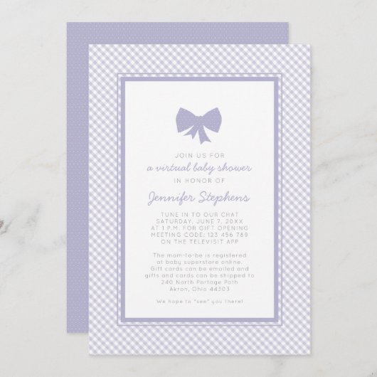 Paars baby shower van de boog van Gingham Kaart (Voorkant / Achterkant)