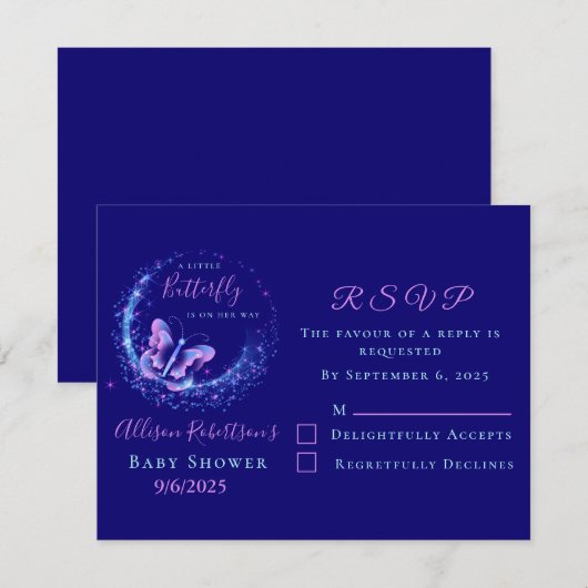 Paars Baby shower van muggenvlinder RSVP Kaartje (Voorkant / Achterkant)