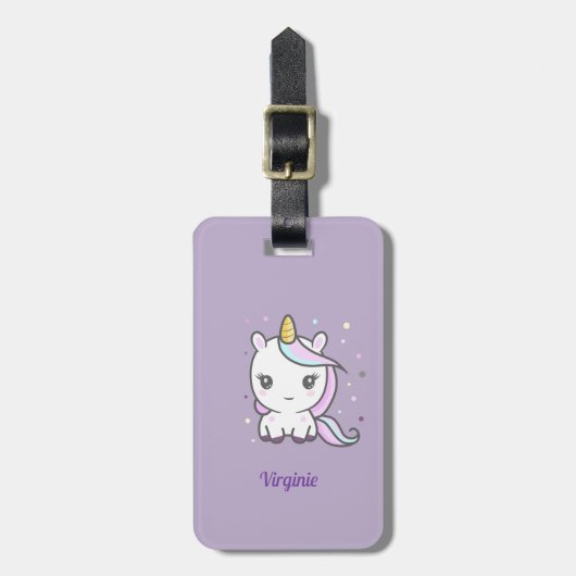 Paars Bagagelabel met een Cute Unicorn (Voorkant verticaal)