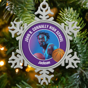 Paars Basketbalspeler Foto Aandenken Cadeau Tin Sneeuwvlok Ornament