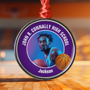 Paars Basketbalspeler Foto Kerstmis Metalen Ornament