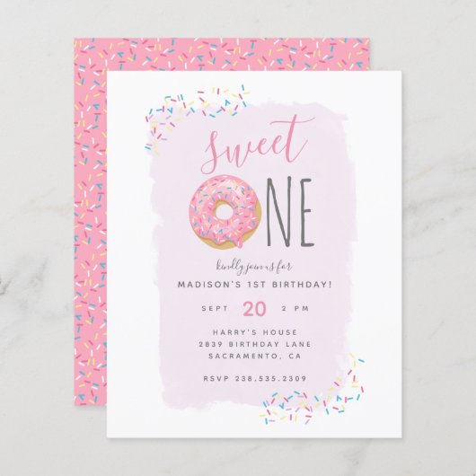 Paars | Begroting Donut Sprinkle Sweet 1e verjaard (Voorkant / Achterkant)