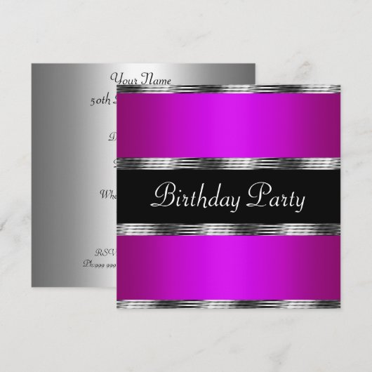 Paars Birthday Party Silver Kaart (Voorkant / Achterkant)