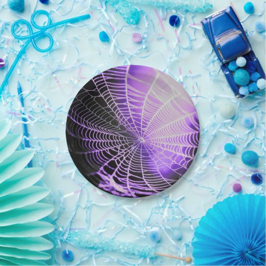 Paars Black Creepy Spooky Spider Web Papieren Bordje (Feest)
