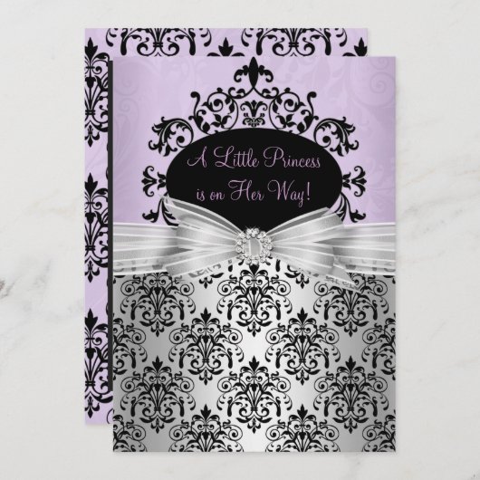 Paars Black Damask Baby shower Invitation Kaart (Voorkant / Achterkant)