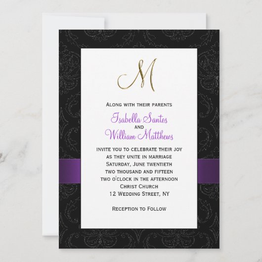 Paars Black Damask Gold Initiaal M Wedding Invite Kaart (Achterkant)