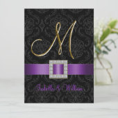 Paars Black Damask Gold Initiaal M Wedding Invite Kaart (Staand voorkant)