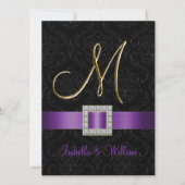 Paars Black Damask Gold Initiaal M Wedding Invite Kaart (Voorkant)