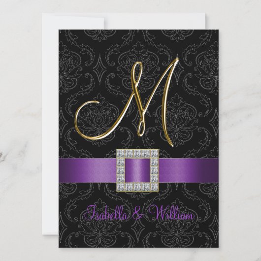 Paars Black Damask Gold Initiaal M Wedding Invite Kaart (Voorkant)