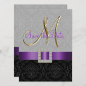 Paars Black Damask Gold Initiaal Save the Date (Voorkant / Achterkant)
