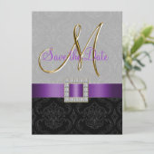 Paars Black Damask Gold Initiaal Save the Date (Staand voorkant)