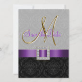Paars Black Damask Gold Initiaal Save the Date (Voorkant)