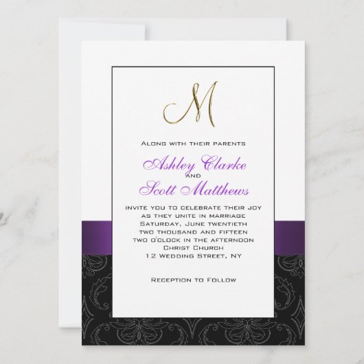 Paars Black Damask Initiaal Wedding Invite Kaart (Achterkant)