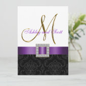 Paars Black Damask Initiaal Wedding Invite Kaart (Staand voorkant)