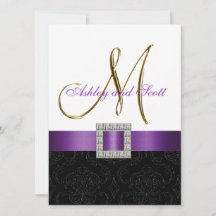 Paars Black Damask Initiaal Wedding Invite Kaart