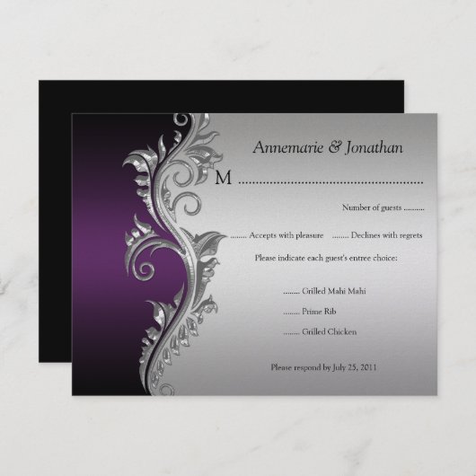Paars Black en Silver Floral RSVP (Voorkant / Achterkant)