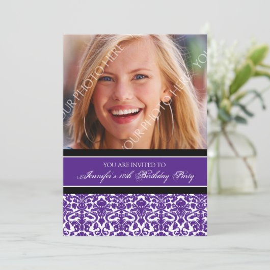 Paars Black Foto 18th Birthday Party Invitations Kaart (Staand voorkant)