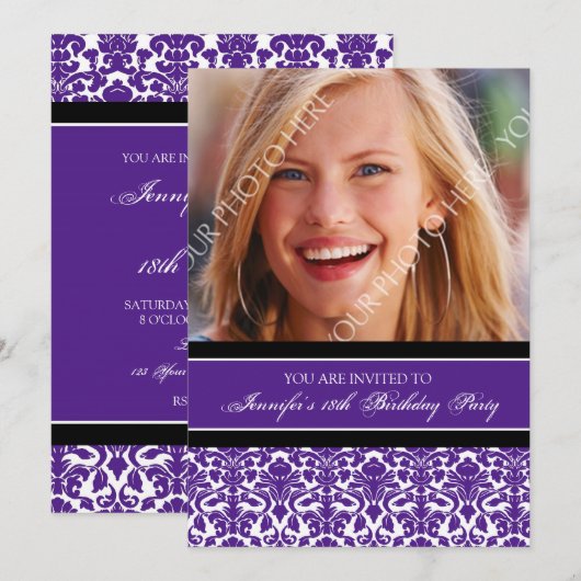 Paars Black Foto 18th Birthday Party Invitations Kaart (Voorkant / Achterkant)