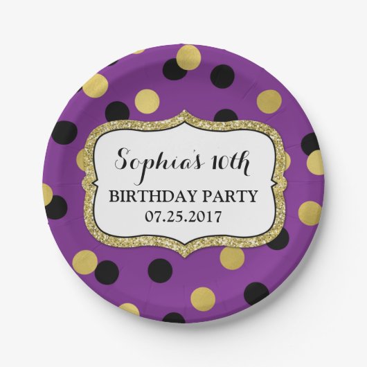 Paars Black Gold Confetti Birthday Party Bord (Voorkant)