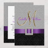 Paars Black Grey Damask Initiaal Wedding Invite Kaart (Voorkant / Achterkant)